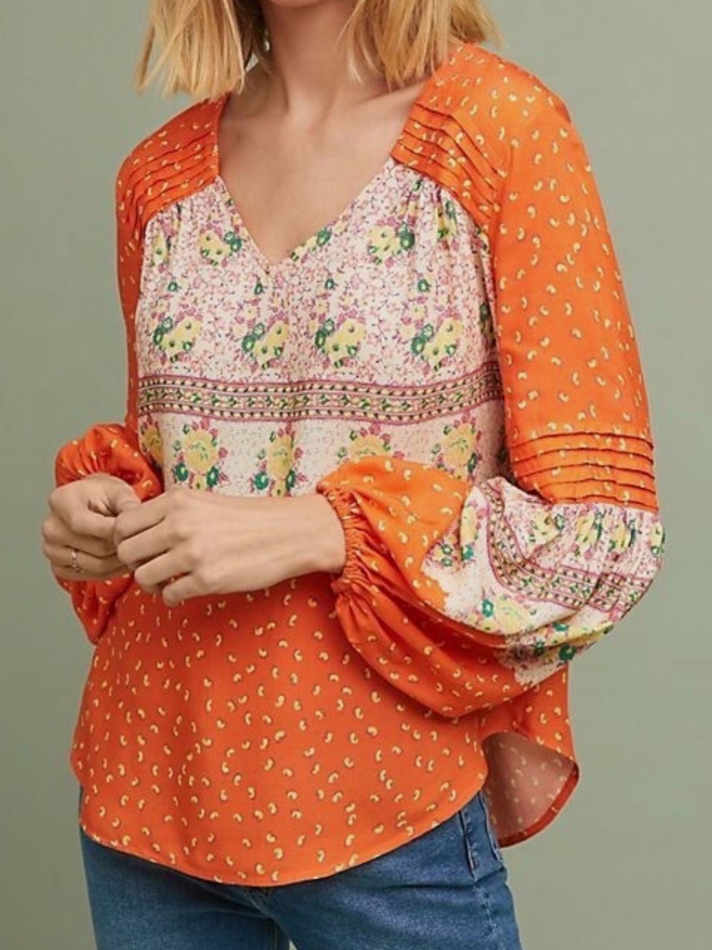 Anthropologie Orange Mixed-Print V-Neck Blouse